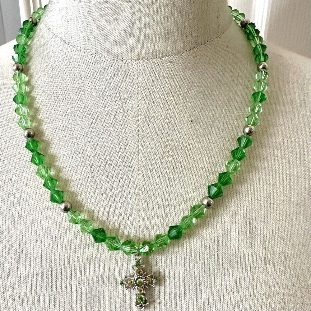 Green beaded rhinestone cross necklace